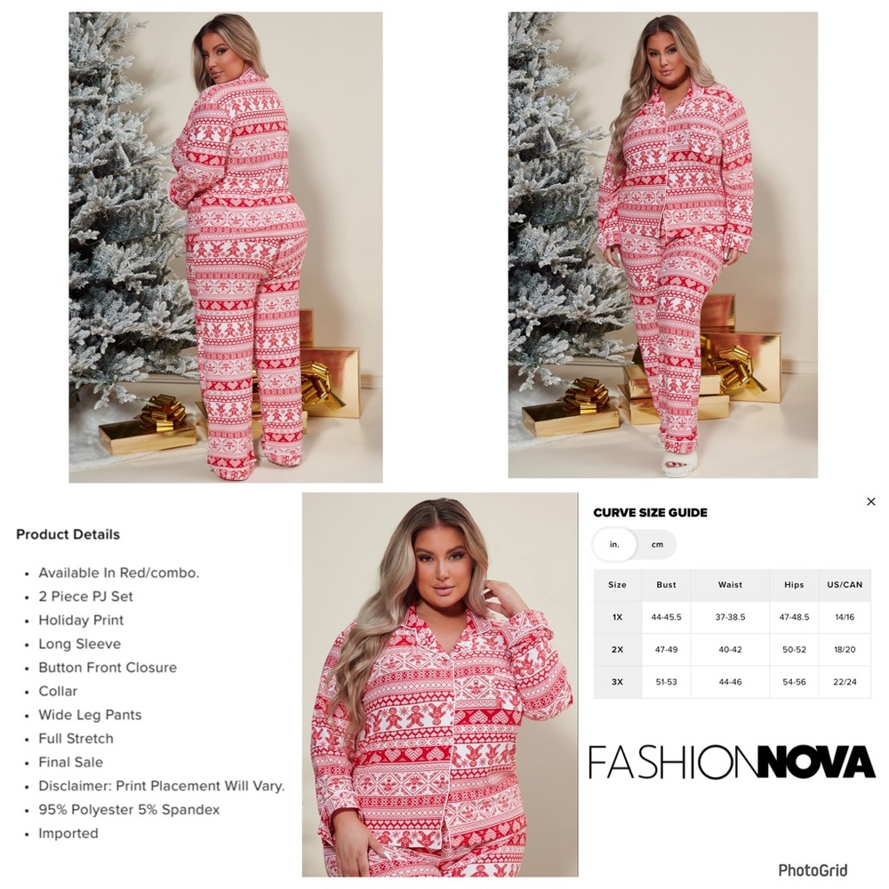 Fashion Nova 1X plus size gingerbread cutie pj pant set red/white NWT